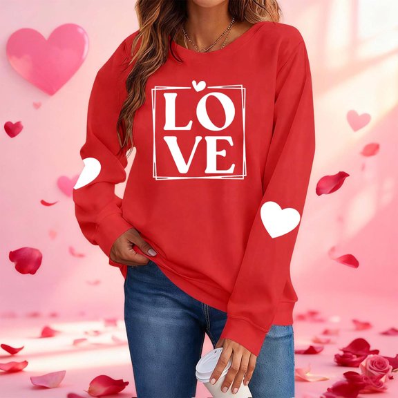 BLTIBY Valentine Sweatshirts for Women Love Heart Graphic Long Sleeve Round Neck Pullover Blouse Casual Fashion Valentines the Day Top Red 2 L