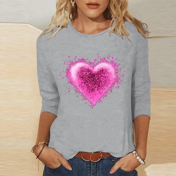 BLTIBY Valentine Sweatshirts for Women Love Heart Printed Pullover Top Crew Neck 3/4 Sleeve Holiday Blouse for Anniversary Dating Gray M