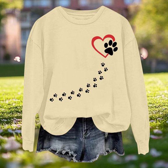 BLTIBY Valentine Sweatshirts for Women Printed Pullover Tops Long Sleeve Crew Neck Holiday Fashion Blouse for Anniversary Dating Khaki XL