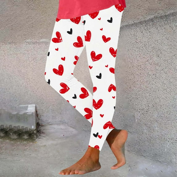 BLTIBY Valentine's Day Leggings for Women High Waisted Love Heart Graphic Workout Yoga Long Pants Spring Fashion Trousers White L