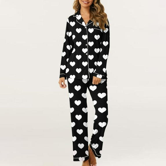 BLTIBY Valentine's Day Pajamas Set for Women Lounge Long Sleeve Pajama Sets Heart Printed Button Down Lapel Cozy Sleepwear Shirt Full-Length Pants Loungewear with Pockets Black S