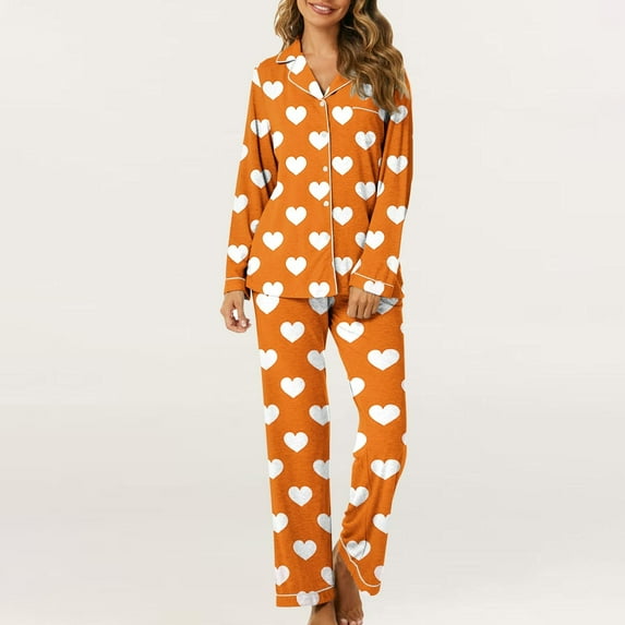 BLTIBY Valentine's Day Pajamas Set for Women Lounge Long Sleeve Pajama Sets Heart Printed Button Down Lapel Cozy Sleepwear Shirt Full-Length Pants Loungewear with Pockets Orange XXL