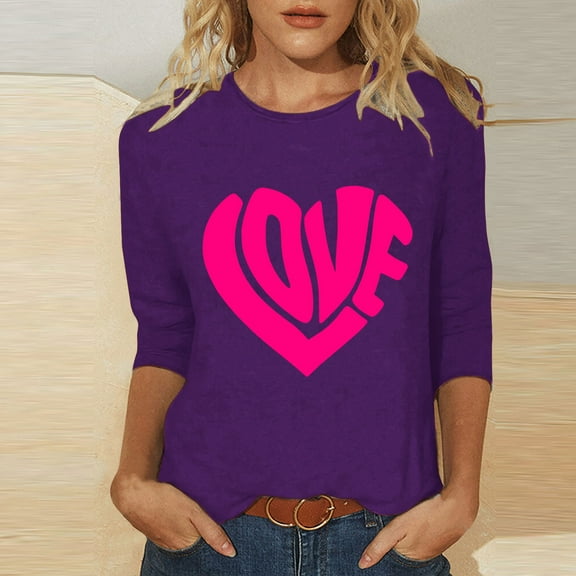 BLTIBY Valentine's Day Sweatshirt for Women Autumn Spring Crewneck 3/4 Sleeve Funny Love Heart Graphic Valentines Shirts Casual Valentines Pullover Tops 2025 Purple M