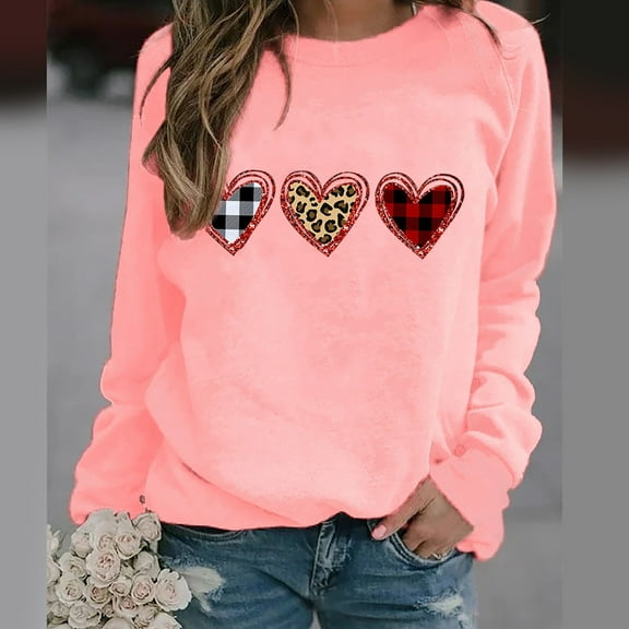 BLTIBY Valentine's Day Sweatshirt for Women Autumn Spring Funny Love Heart Graphic Valentines Shirt Casual Valentines Round Neck Long Sleeve Pullover Top Pink XL