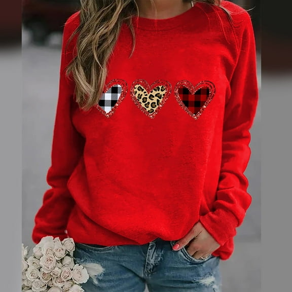 BLTIBY Valentine's Day Sweatshirt for Women Autumn Spring Funny Love Heart Graphic Valentines Shirt Casual Valentines Round Neck Long Sleeve Pullover Top Red M