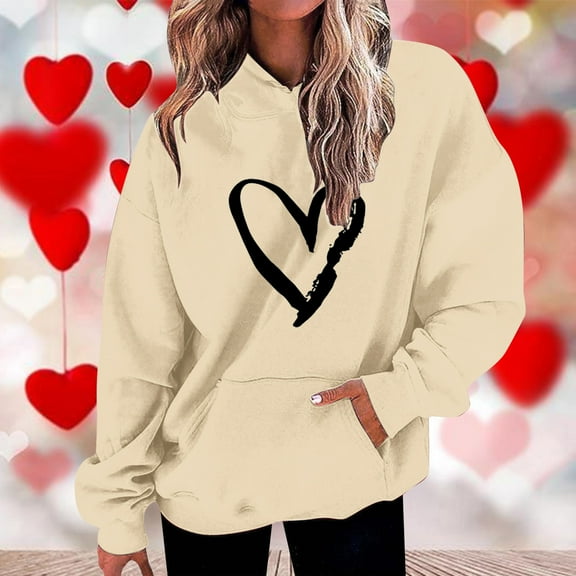 BLTIBY Valentine's Day Sweatshirt for Women Hooded Spring Autumn Funny Love Heart Graphic Valentines Shirt Casual Valentines Round Neck Long Sleeve Pullover Tops 2025 Beige L