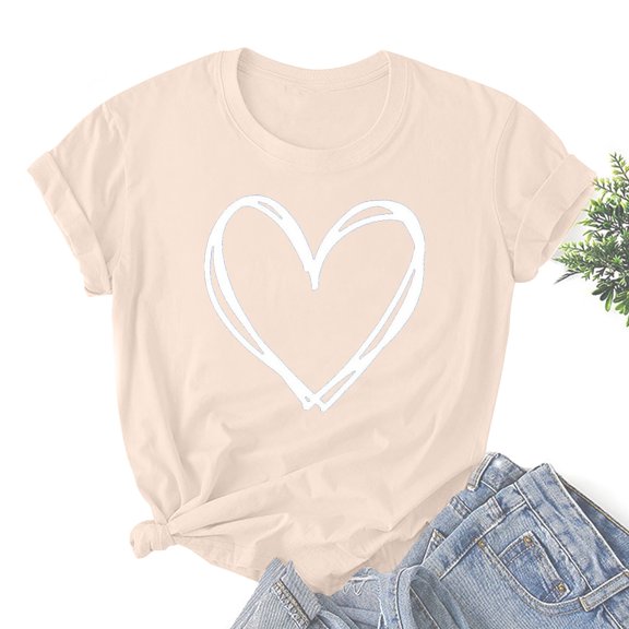 BLTIBY Valentine's Day Sweatshirt for Women Summer Spring Crewneck Short Sleeve Funny Love Heart Graphic Valentines Shirt Casual Valentines Fashion Pullover Top Beige L