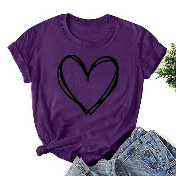 BLTIBY Valentine's Day Sweatshirt for Women Summer Spring Crewneck Short Sleeve Funny Love Heart Graphic Valentines Shirt Casual Valentines Fashion Pullover Tops Purple L