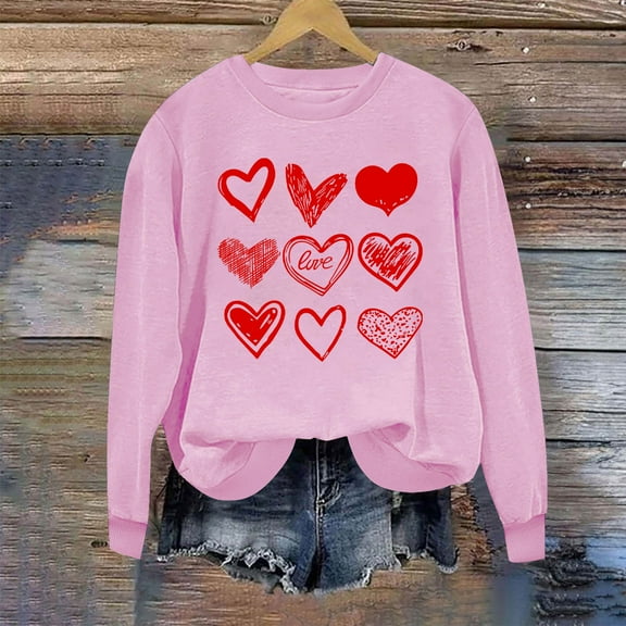 BLTIBY Valentine's Day Sweatshirts for Women Autumn Spring Crewneck Long Sleeve Funny Love Heart Graphic Valentines Shirts Casual Valentines Pullover Tops 2025 Pink XL
