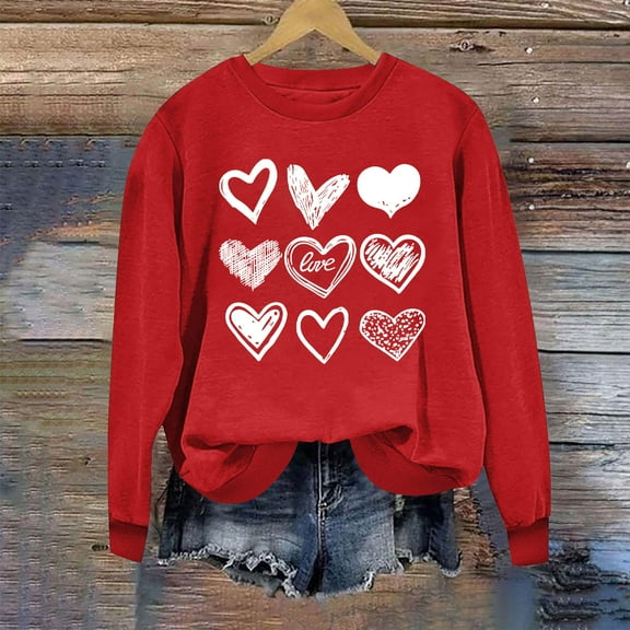 BLTIBY Valentine's Day Sweatshirts for Women Autumn Spring Crewneck Long Sleeve Funny Love Heart Graphic Valentines Shirts Casual Valentines Pullover Tops 2025 Red S