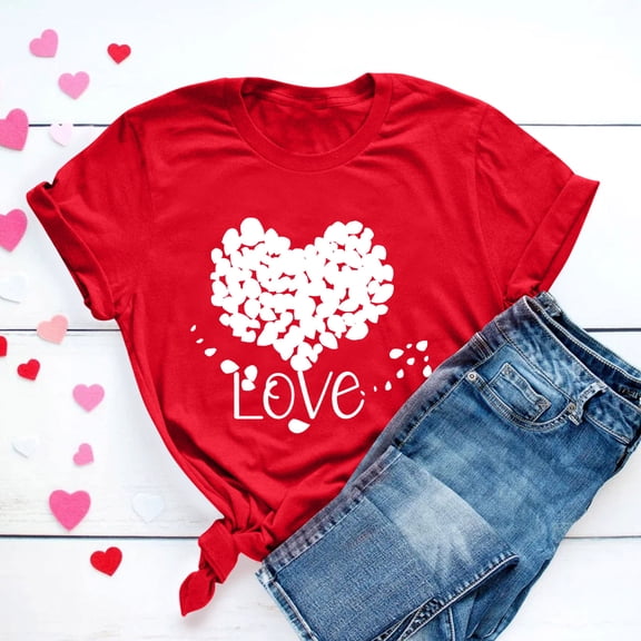 BLTIBY Valentine's Day Sweatshirts for Women Spring Summer Short Sleeve Crewneck Funny Love Heart Graphic Valentines Shirts Valentines Casual Fashion Pullover Tops Red 3 S