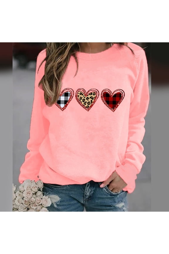 Valentine's Day Sweatshirts for Women Autumn Long Sleeve Round Neck Printed Pullover Shirts Fashion Casual Loose Top Pink M