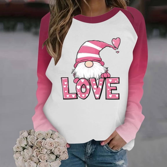 BLTIBY Valentine's Day Sweatshirts for Women Heart Printed Plus Size Pullover Crewneck Long Sleeve Tops Fashion Casual Comfort Blouse Multicolor 6 L