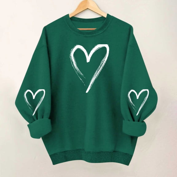 BLTIBY Valentine's Day Sweatshirts for Women Heart Printed Pullover Crewneck Long Sleeve Tops Fashion Casual Comfy Blouse Army Green 2 M