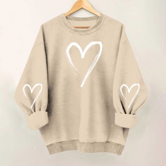 BLTIBY Valentine's Day Sweatshirts for Women Heart Printed Pullover Crewneck Long Sleeve Tops Fashion Casual Comfy Blouse Khaki 2 S