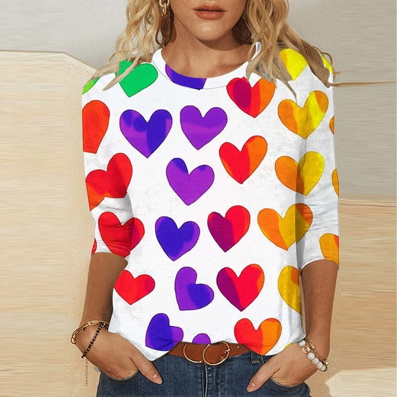 BLTIBY Valentine's Day Sweatshirts for Women Love Heart Graphic Crewneck 3/4 Sleeve Top Fashion Casual Pullover Blouse Yellow M