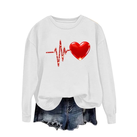 BLTIBY Valentine's Day Sweatshirts for Women Printed Pullover Crewneck Long Sleeve Tops Loose Casual Fashion Comfort Blouse White XXL
