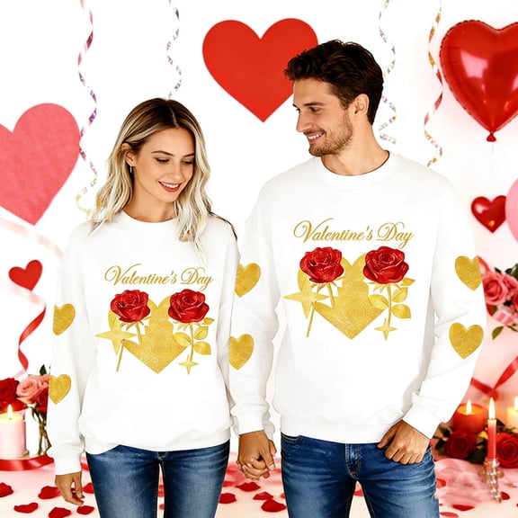 BLTIBY Valentine's Heart Pattern Womens Sweatshirt, Couples Valentine's Sweatshirt, Anniversary Dating Pullover Top White XXL