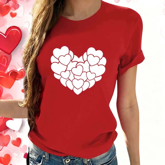 BLTIBY Valentines Day Shirt for Women Love Heart Printed Short Sleeve T-Shirts Round Neck Fashion Casual Pullover Tops Red 2 M