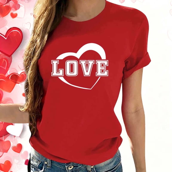 BLTIBY Valentines Day Shirt for Women Love Heart Printed Short Sleeve T-Shirts Round Neck Fashion Casual Pullover Tops Red 5 S