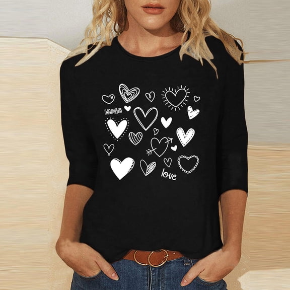 BLTIBY Valentines Day Shirts for Women Love Heart Print 3/4 Sleeve Crew Neck T-shirt Holiday Loose Casual Pullover Tops Black 3 S