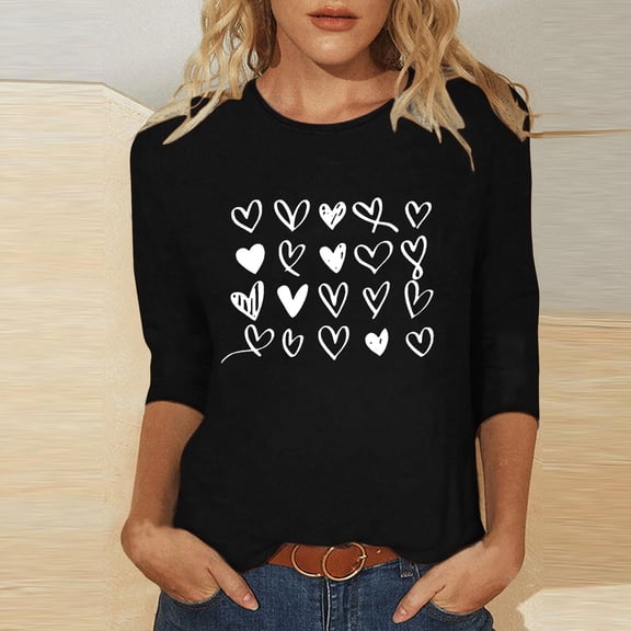 BLTIBY Valentines Day Shirts for Women Love Heart Print 3/4 Sleeve Crew Neck T-shirt Holiday Loose Casual Pullover Tops Black S