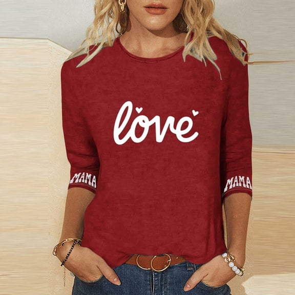 BLTIBY Valentines Day Shirts for Women Love Heart Print 3/4 Sleeve Crew Neck Tshirt Holiday Loose Fit Casual Pullover Tops Red 5XL