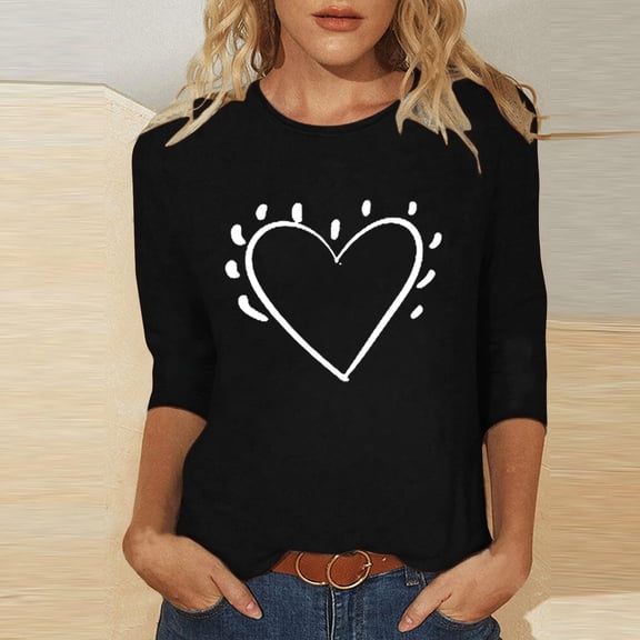 BLTIBY Valentines Day Shirts for Women Love Heart Printed 3/4 Sleeve Crew Neck T-shirt Holiday Loose Casual Pullover Top Black 4 M