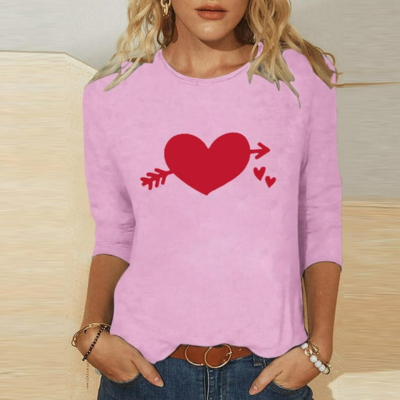 BLTIBY Valentines Day Shirts for Women Love Heart Printed 3/4 Sleeve Crew Neck T-shirt Holiday Loose Casual Pullover Top Pink XL