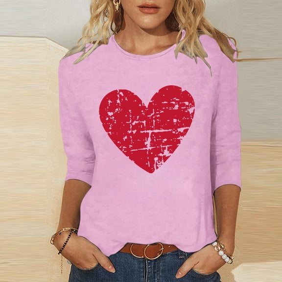 BLTIBY Valentines Day Shirts for Women Love Heart Printed 3/4 Sleeve Crew Neck T-shirt Holiday Loose Fit Casual Pullover Top Pink 2 XL