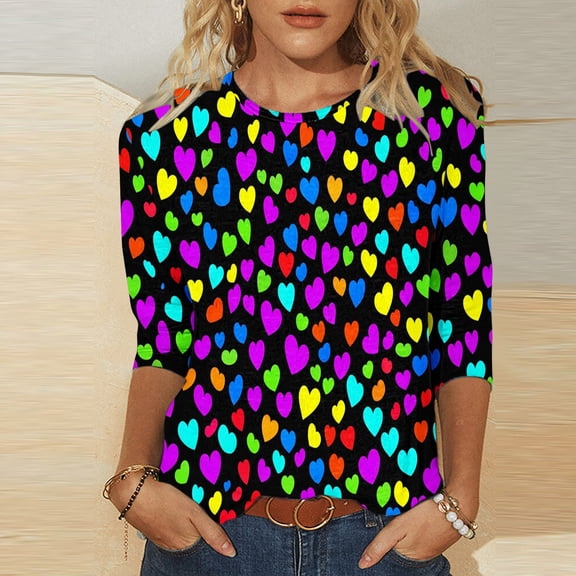 BLTIBY Valentines Day Shirts for Women Love Heart Printed Round Neck 3/4 Sleeve T-shirt Holiday Loose Fit Casual Pullover Top Multicolor 4 XL