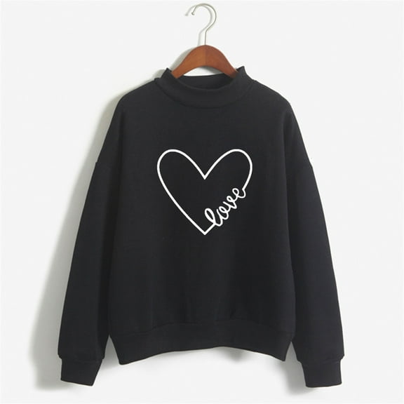 BLTIBY Valentines Day Shirts for Women Love Heart Printed Sweatshirts Long Sleeve Crew Neck Fashion Pullover Tops Black XL