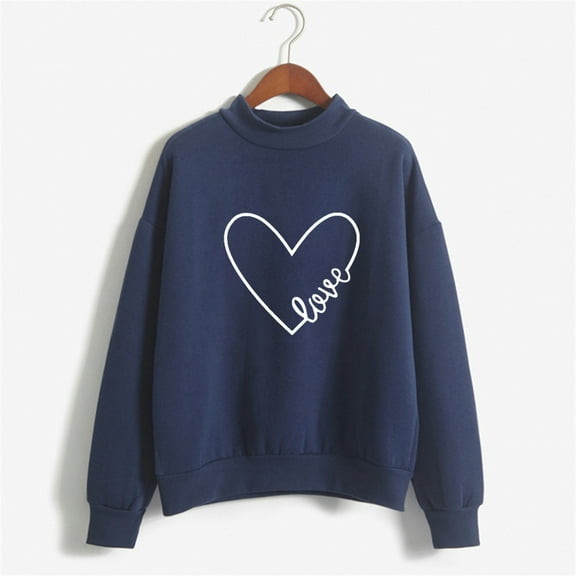 BLTIBY Valentines Day Shirts for Women Love Heart Printed Sweatshirts Long Sleeve Crew Neck Fashion Pullover Tops Blue M
