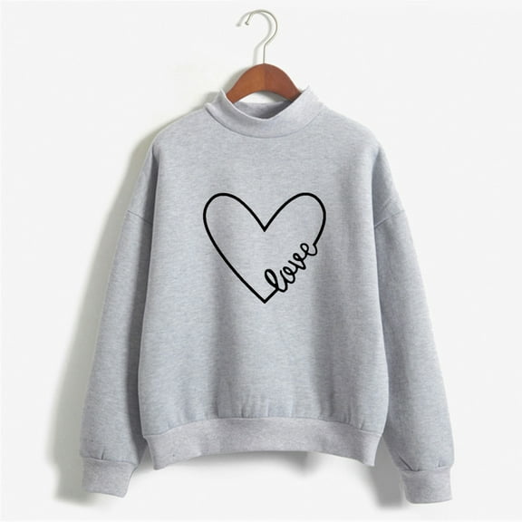 BLTIBY Valentines Day Shirts for Women Love Heart Printed Sweatshirts Long Sleeve Crew Neck Fashion Pullover Tops Gray S