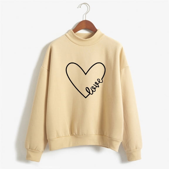BLTIBY Valentines Day Shirts for Women Love Heart Printed Sweatshirts Long Sleeve Crew Neck Fashion Pullover Tops Khaki M