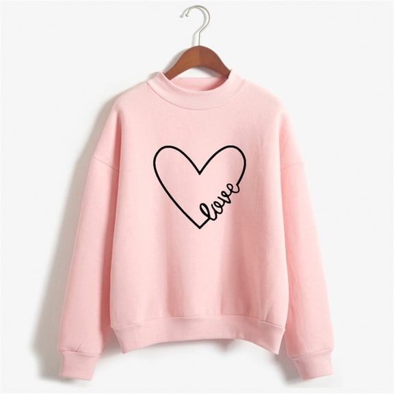 BLTIBY Valentines Day Shirts for Women Love Heart Printed Sweatshirts Long Sleeve Crew Neck Fashion Pullover Tops Pink M