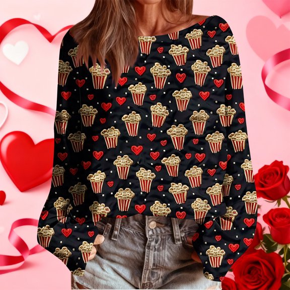 BLTIBY Valentines Day Sweatshirts for Women Cute Love Heart Printed Pullover Blouse Long Sleeve Loose Crew Neck Casual Tops Black XXL