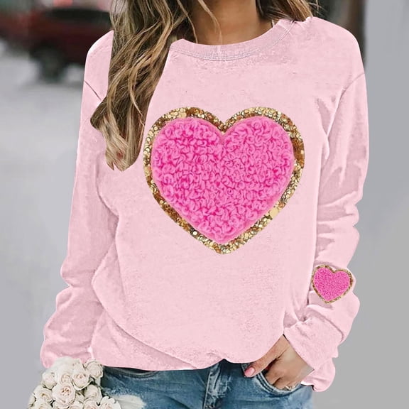 BLTIBY Valentines Day Sweatshirts for Women Love Heart Printed Pullover Blouse Long Sleeve Crew Neck Casual Loose Tops Pink 2 S