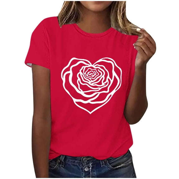 BLTIBY Valentines Shirts for Women Summer Round Neck Short Sleeve Print Tops Casual Fashion Pullover Blouse Red 2 XXL