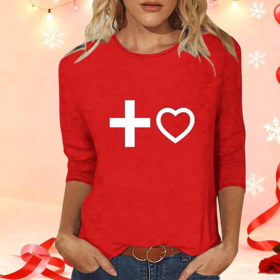 BLTIBY Valentines Shirts for Women Trendy Heart Graphic Tees 3/4 Sleeve Top Crewneck Pullover Blouse Holiday Red 2 5XL