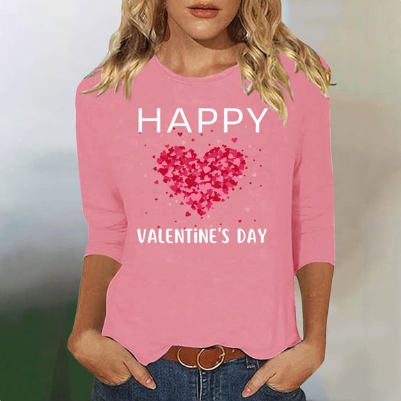 BLTIBY Valentines Shirts for Women Trendy Heart Graphic Tees 3/4 Sleeve Tops Crewneck Pullover Blouse Holiday Pink 2 XXL