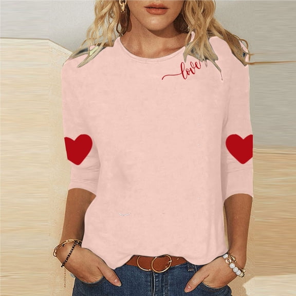 BLTIBY Valentines Shirts for Women Trendy Heart Graphic Tees 3/4 Sleeve Tops Round Neck Pullover Blouse Holiday Pink M