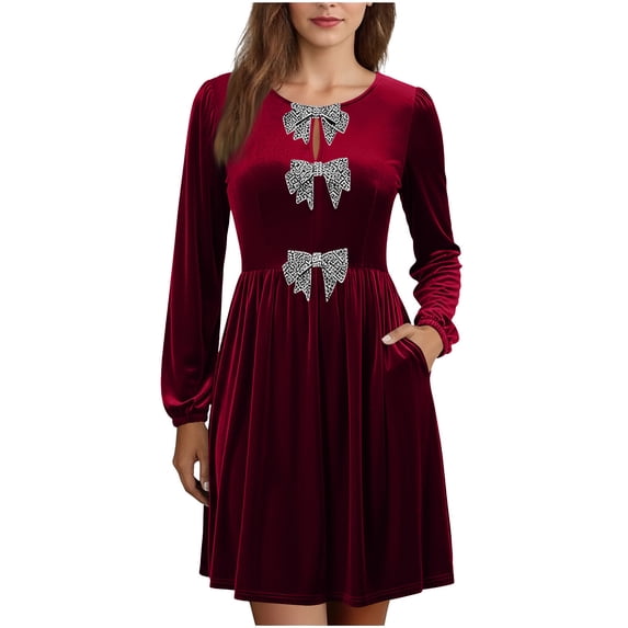 BLTIBY Velvet Dress for Women Pleated Long Sleeve Dresses with Three Removable Bows High Waist Elegant Holiday Cocktail Party Wine XXL
