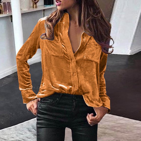 BLTIBY Velvet Shirts for Women Elegant Button Down Lapel Collar Blouse Fall Winter Vintage Long Sleeve Top with Pockets Orange M