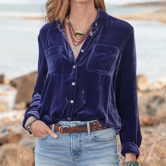 BLTIBY Velvet Shirts for Women Elegant Button Down Lapel Collar Blouse Winter Fall Vintage Long Sleeve Versatile Tops with Pockets Purple XL