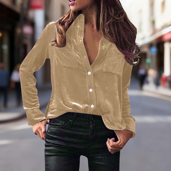 BLTIBY Velvet Shirts for Women Elegant Button Down Lapel Collar Hem Split Blouse Winter Fall Vintage Long Sleeve Versatile Top with Pockets Khaki M