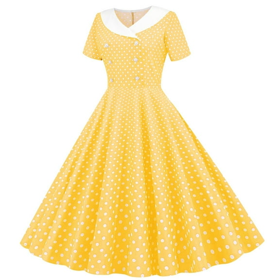 BLTIBY Vintage Dress for Women 1950s Cocktail Party Swing Dress Retro Casual Summer Short Sleeve Bowknot Polka Dot Printed Midi Gown Yellow XXL