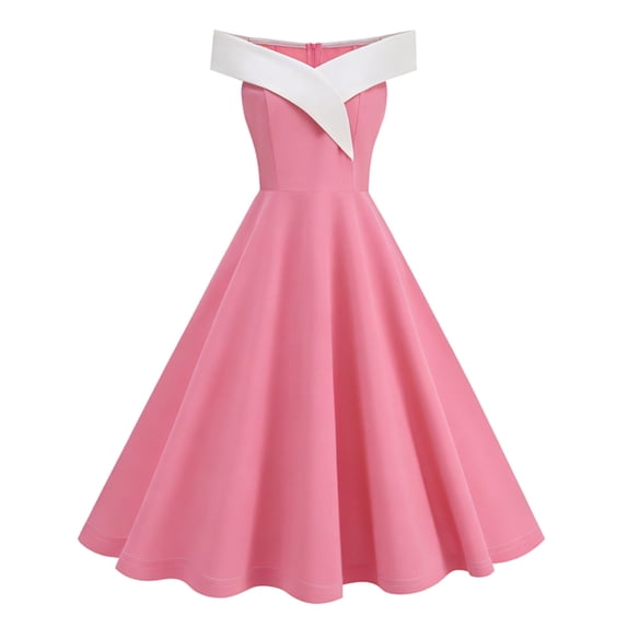 BLTIBY Vintage Midi Dress for Women Sleeveless Cocktail Swing Elegant V Neck One Shoulder A Line Holiday Evening Party Dresses Pink M