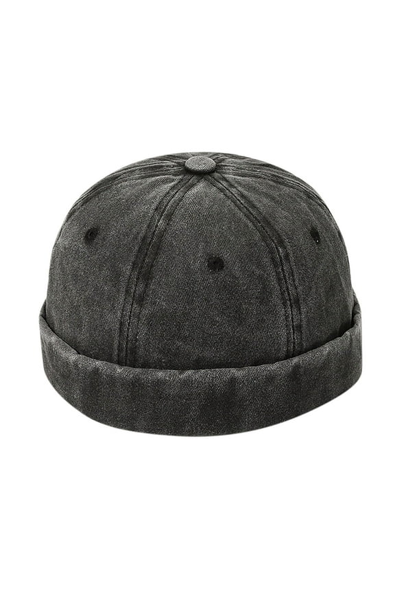 Washed Cotton Brimless Hats for Men Women Vintage Docker Beanie Cap Rolled Cuff Skullcap Hip Hop Hat Brimless Black Free Size