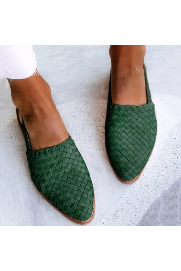 Weave Sandal for Women Fashion Pointed Toe Closed Toe Cutout Strap Buckle Low Heel Casual Shoes Summer Comfortable Flat Slides Mules Shoes Green 41